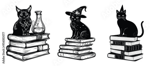 Set of Cute witch cat sitting on a pile of books black and white illustration