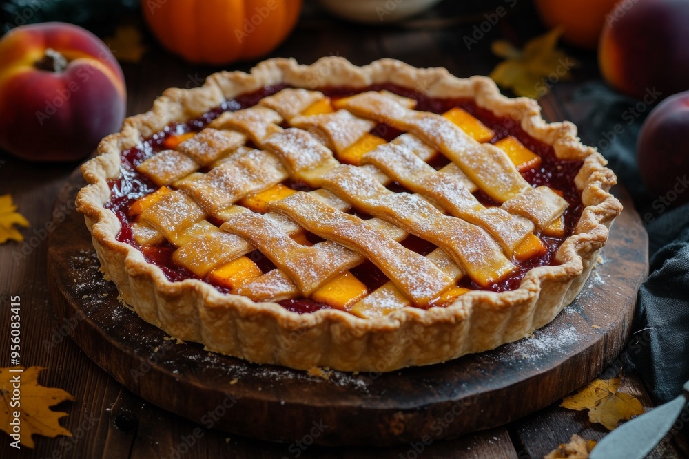 Lattice-topped pie with peaches and berries, dusted with powdered sugar, on a rustic wooden surface. Perfect for autumn baking themes and holiday dessert promotions.