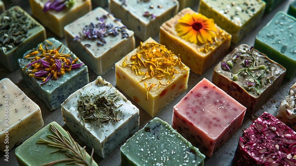 Handmade natural soap bars packed with fresh healing plants Handmade natural soap bars packed with fresh healing plants