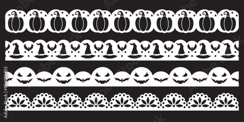 Hand drawn lace scalloped paper punch border halloween theme with pumpkins, witch hats and bats