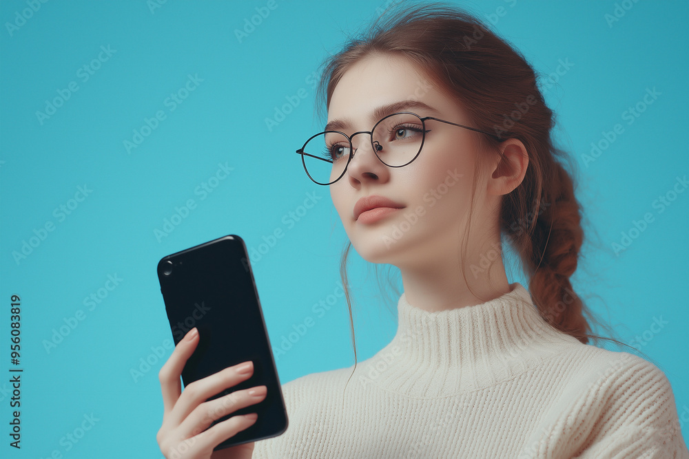 Young woman sending voice message via smartphone. Solid simple isolated background Young woman sending voice message via smartphone. Solid simple isolated background