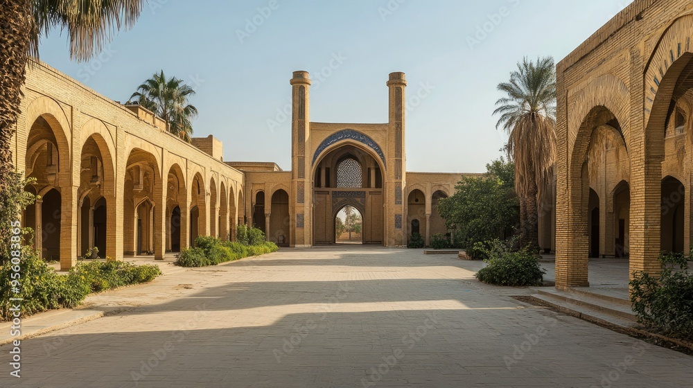 The historic Al-Mustansiriya School in Baghdad, with intricate Islamic architecture under clear skies The historic Al-Mustansiriya School in Baghdad, with intricate Islamic architecture under clear skies