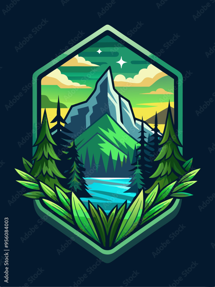 Mountain Landscape with a Lake and Forest Framed by Green Leaves Mountain Landscape with a Lake and Forest Framed by Green Leaves