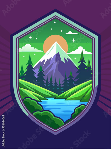 Mountain Landscape with a Lake and Trees in a Shield Shape