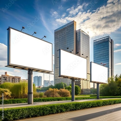 Wallpaper Mural Three blank billboards stand tall against a modern city backdrop. ready for your message. Torontodigital.ca