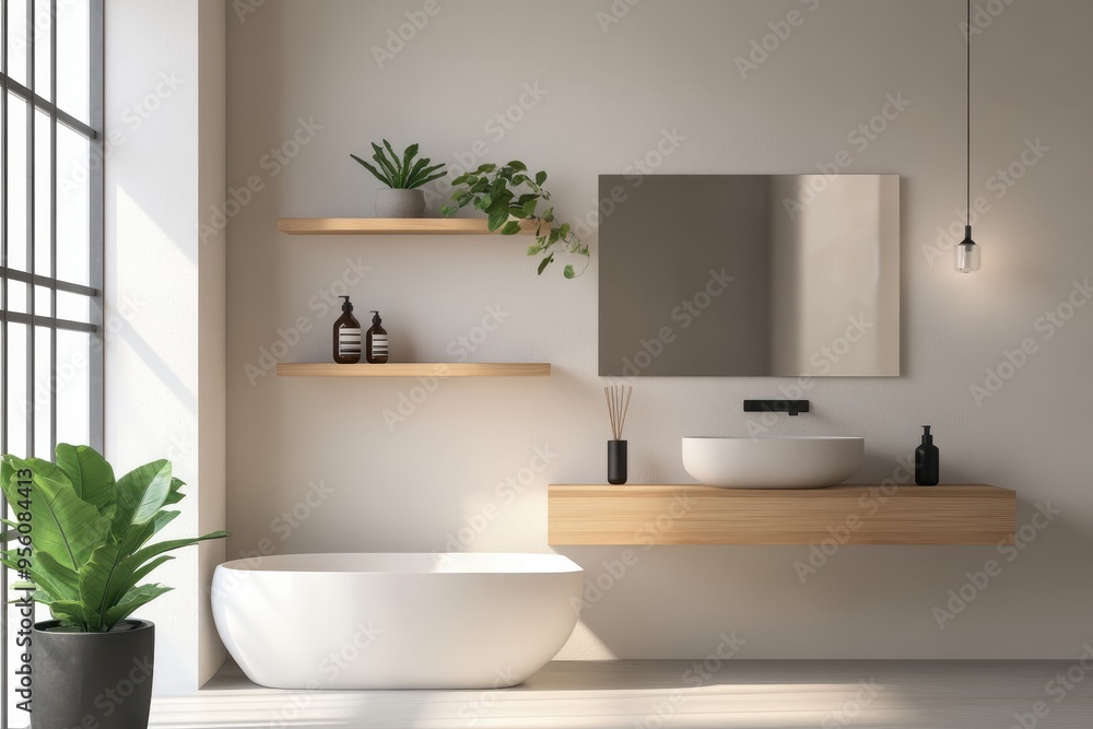 Fototapeta premium A modern bathroom featuring a freestanding tub, sink, and decorative plants.