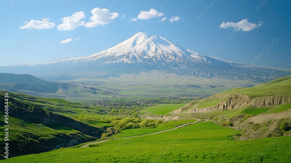 The majestic Mount Ararat with snow-capped peaks, visible from a distant green valley. The majestic Mount Ararat with snow-capped peaks, visible from a distant green valley.