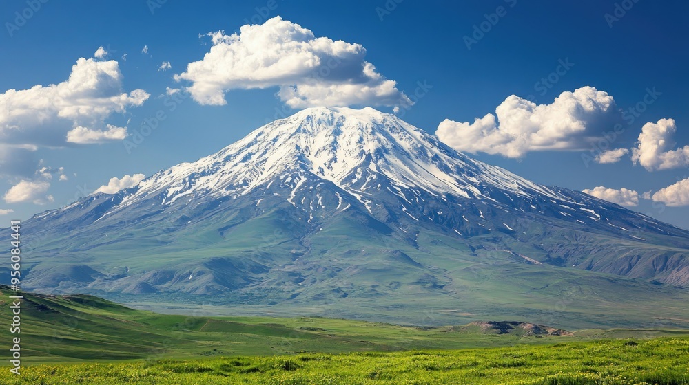 Fototapeta premium The majestic Mount Ararat with snow-capped peaks, visible from a distant green valley.