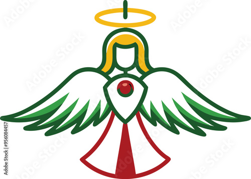 The illustration shows a little guardian angel soaring through the sky with outstretched wings full of light and love
