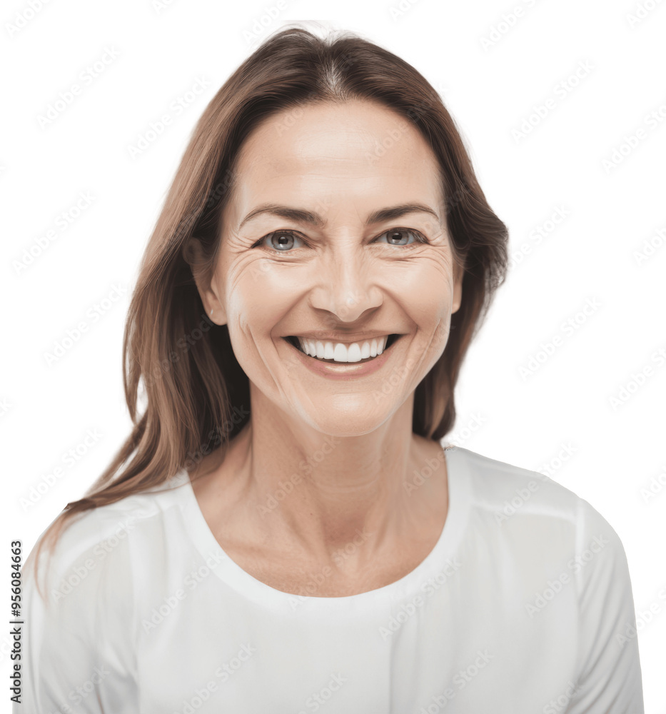portrait of smiling middle age woman white t-shirt isolated on transparent background portrait of smiling middle age woman white t-shirt isolated on transparent background