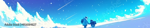Enchanting Winter Starry Night: Soothing Anime-Style Illustration of Ice and Snow Travel. Versatile Design for Home Decor, NFT Art, Apparel, and Tourism Marketing. AI-Generated 4K Wallpaper Celebratin