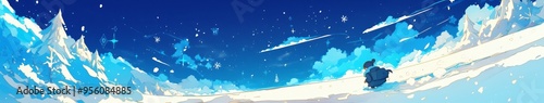 Enchanting Winter Starry Night: Soothing Anime-Style Illustration of Ice and Snow Travel. Versatile Design for Home Decor, NFT Art, Apparel, and Tourism Marketing. AI-Generated 4K Wallpaper Celebratin