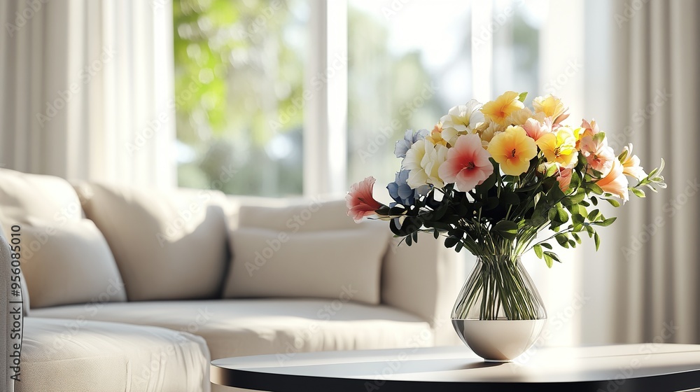Bright and airy modern living room featuring a comfortable sofa near a glass window and a vase of flowers on the table. Bright and airy modern living room featuring a comfortable sofa near a glass window and a vase of flowers on the table.