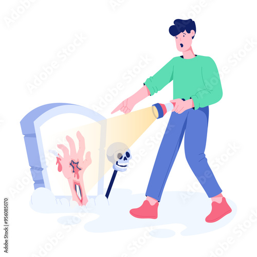 Boy found a spooky grave with zombie hand, flat illustration 