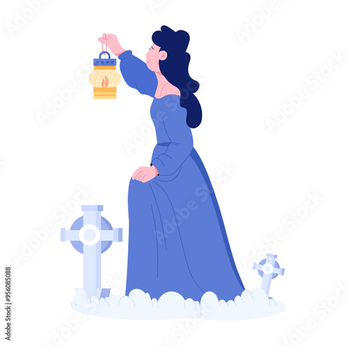 Girl holding grave lamp flat illustration  