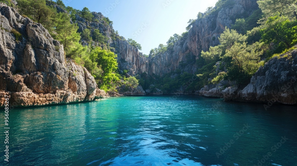 The serene beauty of the Butterfly Valley in Fethiye, with its steep cliffs, turquoise waters, and lush greenery. The serene beauty of the Butterfly Valley in Fethiye, with its steep cliffs, turquoise waters, and lush greenery.