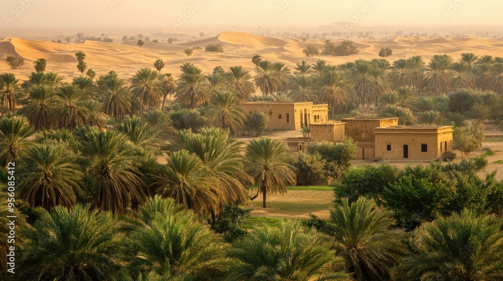 The serene beauty of the Liwa Oasis, with its vast date palm groves, sand dunes, and traditional desert farms. The serene beauty of the Liwa Oasis, with its vast date palm groves, sand dunes, and traditional desert farms.
