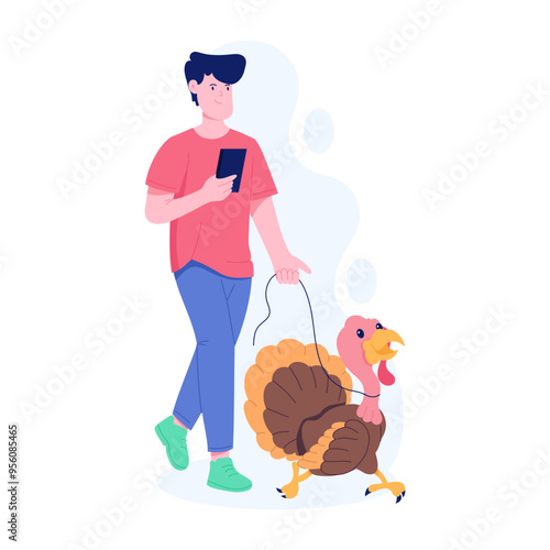 Character based flat illustration of thanksgiving boy with turkey 