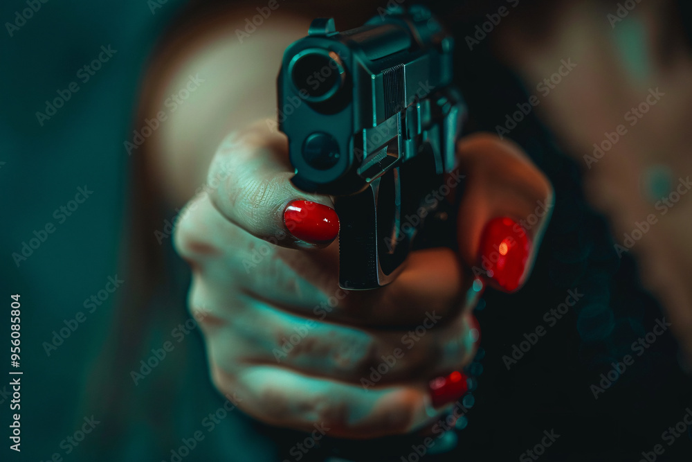 Woman's hand with red painted fingernails holding gun Woman's hand with red painted fingernails holding gun