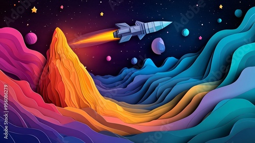 Cosmic Papercraft: A rocket blasts off into a vibrant, layered, and textured papercraft universe,  surrounded by stars, planets, and a towering mountain range.  The image is a mesmerizing blend of ima photo