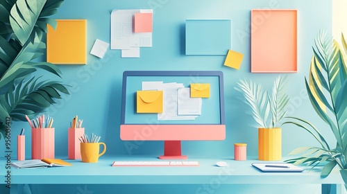 Creative Paper Art Illustration of Remote Work Home Office Setup with Computer, Documents, and Coffee Mug, Minimalistic Design with Copy Space