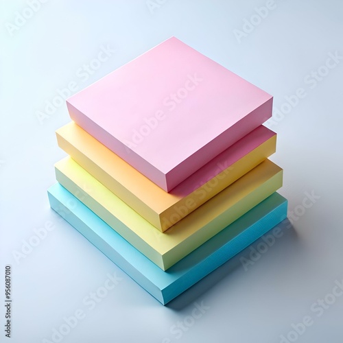 A stack of four brightly colored sticky notes. arranged in a rainbow pattern.