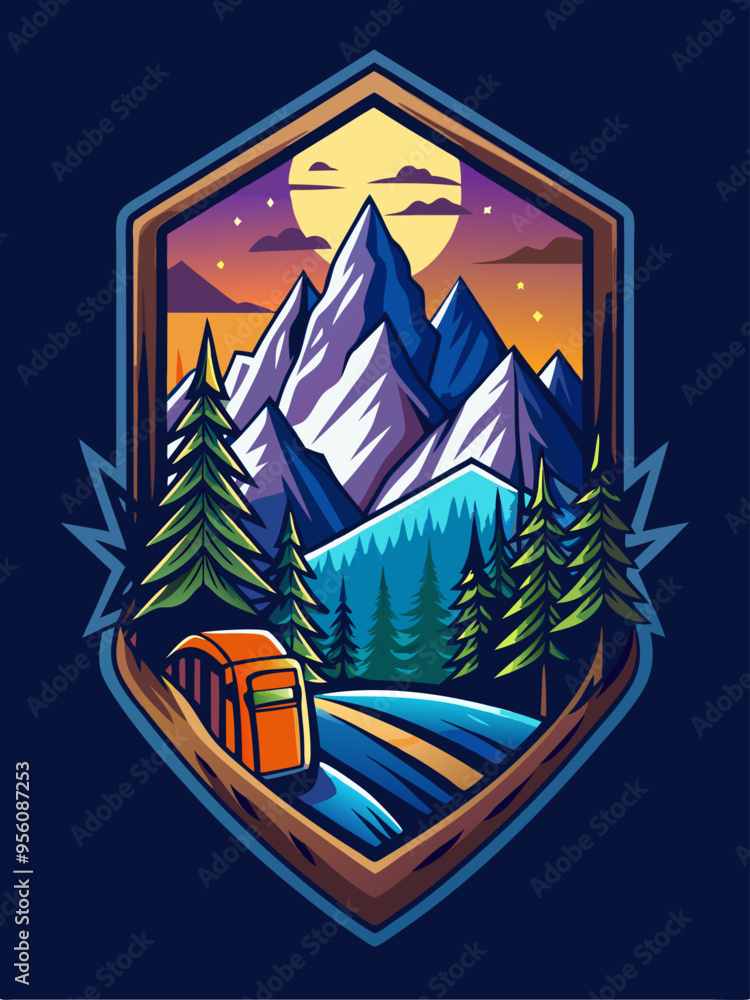 Mountainous Landscape with a Car Driving Through a Forest Road at Night Mountainous Landscape with a Car Driving Through a Forest Road at Night