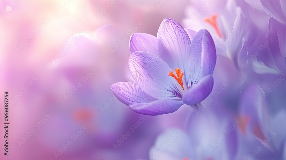 Top view of a purple crocus flower in full bloom, with a soft focus effect creating a dreamy, ethereal background. Top view of a purple crocus flower in full bloom, with a soft focus effect creating a dreamy, ethereal background.