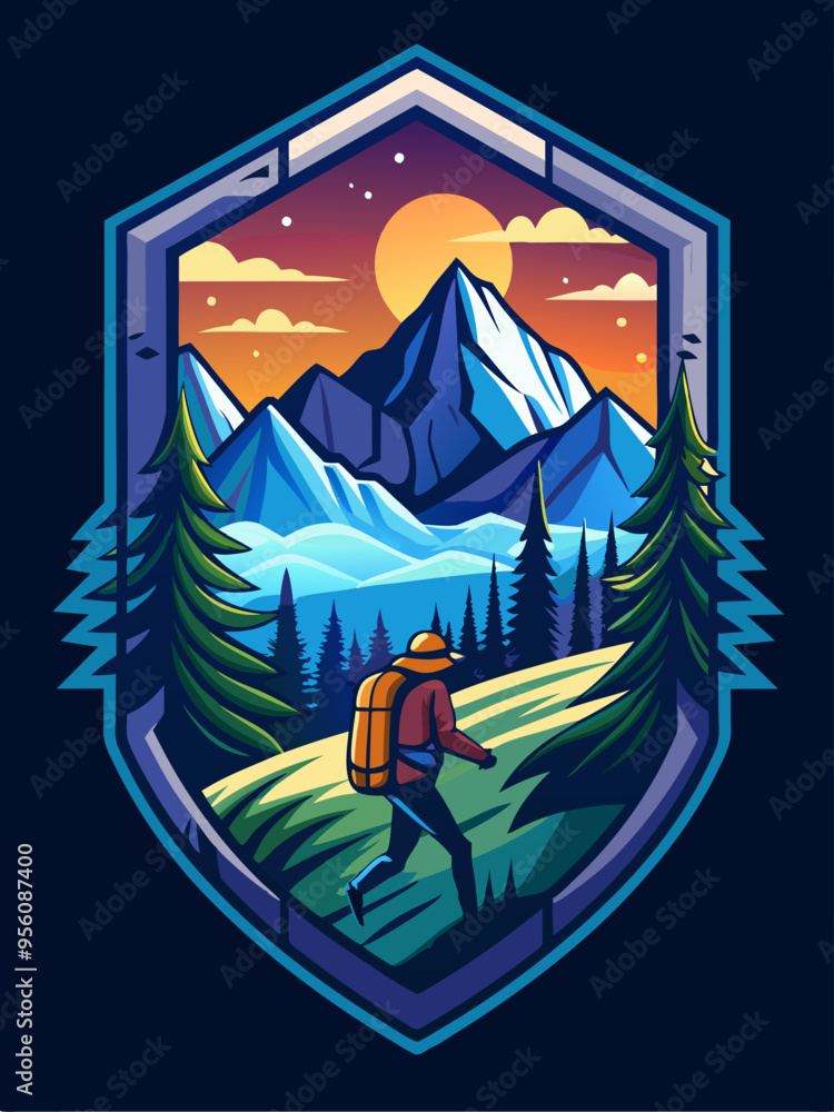 Hiker Ascending Mountain Ridge at Sunset Hiker Ascending Mountain Ridge at Sunset