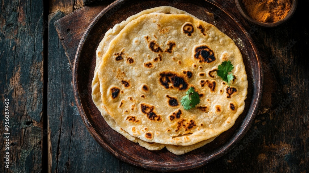 Top view of freshly made tawa chapati on a rustic plate, with soft, golden-brown textures ready to be served. Top view of freshly made tawa chapati on a rustic plate, with soft, golden-brown textures ready to be served.