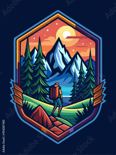 Hiker with Backpack Admire Mountain Landscape at Sunset