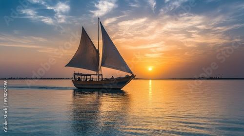 Traditional Bahraini dhow boat sailing in the calm waters of the Arabian Gulf at sunset.