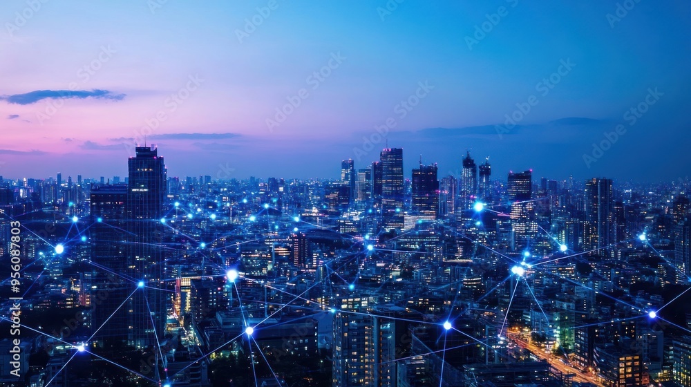 Obraz premium Cityscape with Network Connections