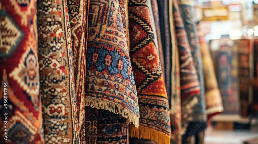 Traditional Turkish rugs hanging in a shop, showcasing intricate patterns and vibrant colors. Traditional Turkish rugs hanging in a shop, showcasing intricate patterns and vibrant colors.