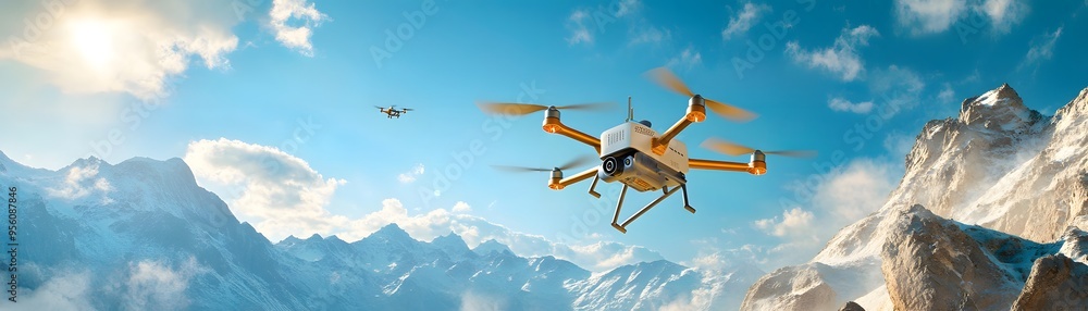Drone Flying Over Snowy Mountains. Drone Flying Over Snowy Mountains.