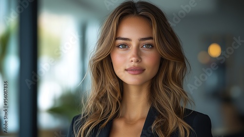 Beautiful and confident young female office worker wearing a suit and standing in the office looking at the camera photo