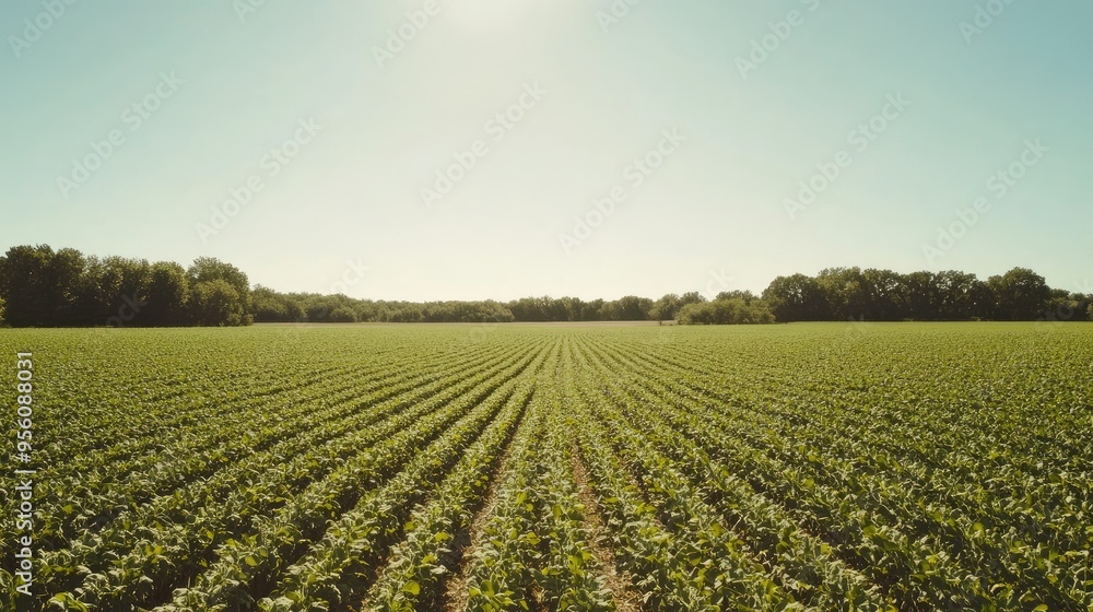 Vast soybean field under a clear sky, showcasing healthy plants in a rural farming landscape Vast soybean field under a clear sky, showcasing healthy plants in a rural farming landscape