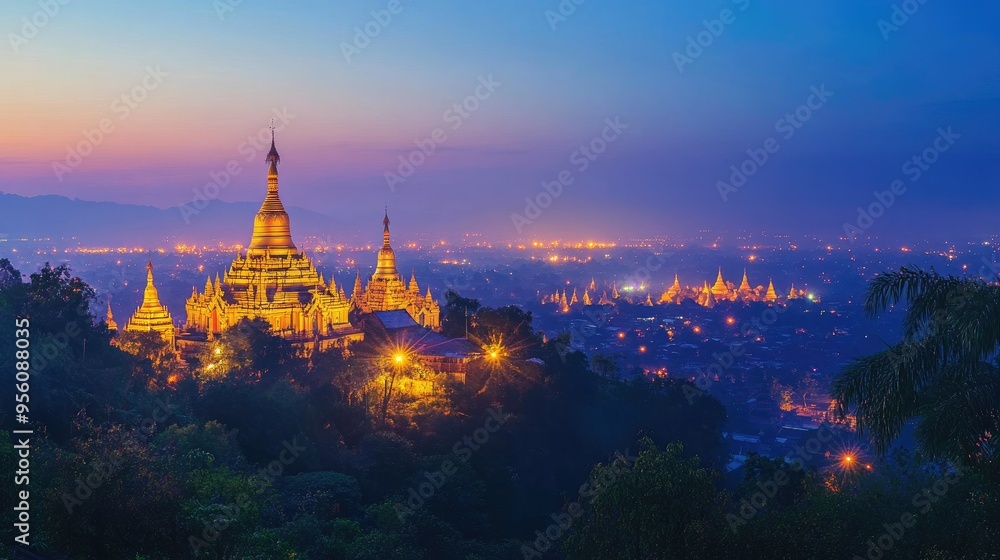 Obraz premium Twilight view of Mandalay Hill, with the golden stupas glowing against the fading light, Mandalay, Myanmar