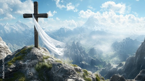 Windswept mountain peak with a wooden cross and white satin scarf, overlooking a panoramic view of jagged rocky peaks. photo