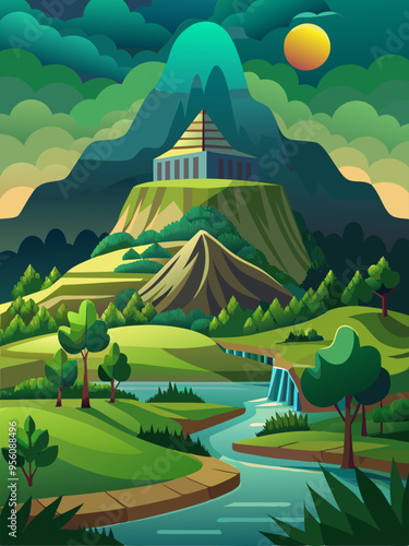 A Majestic Mountaintop Temple Amidst Verdant Hills and a Winding River
