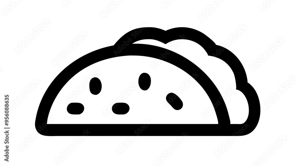 Simple black line drawing of a taco filled with ingredients, depicting a curved shell with visible filling Simple black line drawing of a taco filled with ingredients, depicting a curved shell with visible filling
