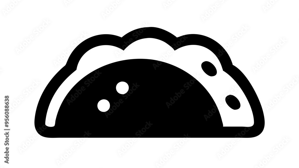 Black silhouette of a taco with visible fillings, featuring a curved top and a textured shell, on a plain white background Black silhouette of a taco with visible fillings, featuring a curved top and a textured shell, on a plain white background