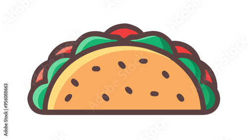 A colorful taco filled with fresh greens and tomatoes, featuring a crispy shell with sesame seeds