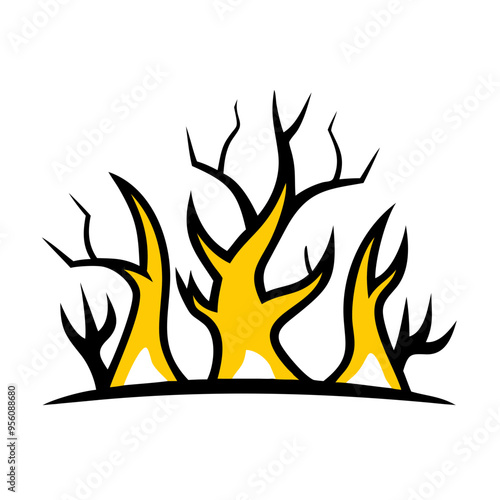 Abstract illustration of stylized yellow and black branches or flames, depicting a dynamic, organic shape against a white background