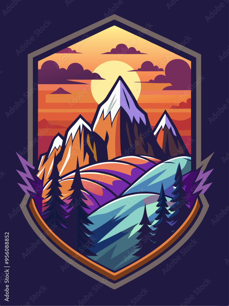 Mountains at Sunset with Forest and Shield Border Mountains at Sunset with Forest and Shield Border