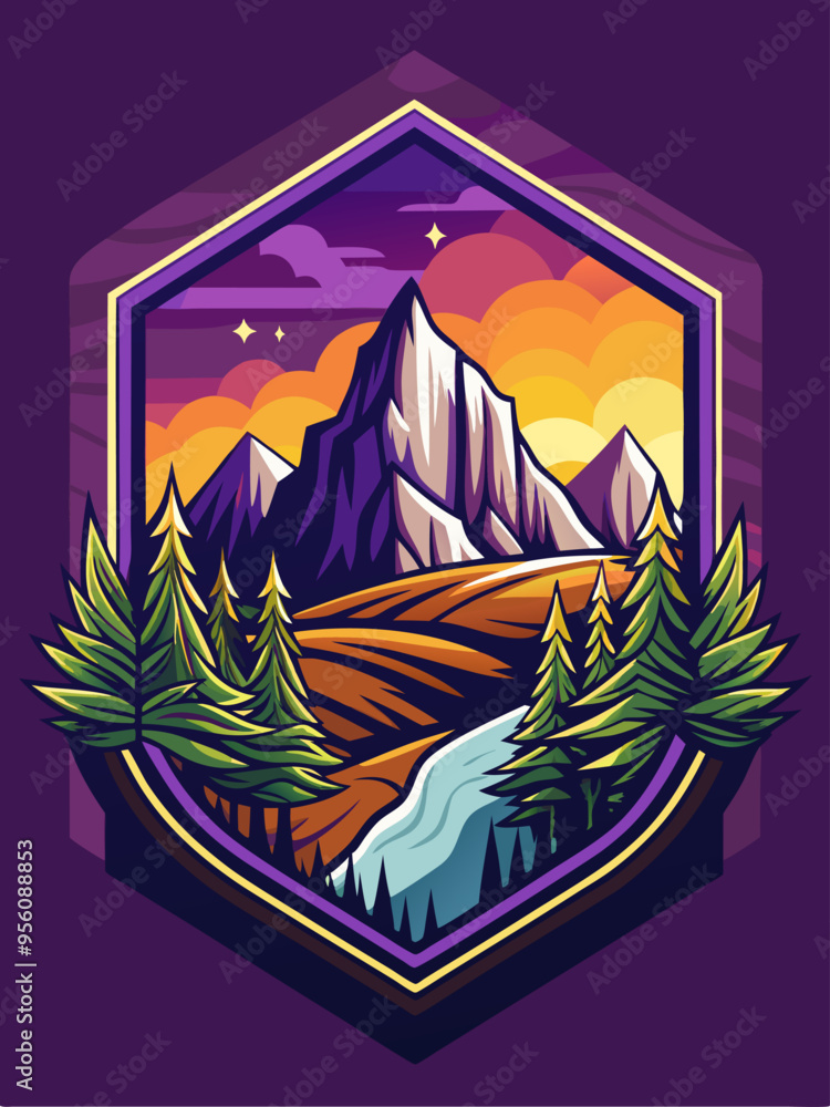Mountainous Landscape with Sunset, Stars, and Pine Trees Mountainous Landscape with Sunset, Stars, and Pine Trees