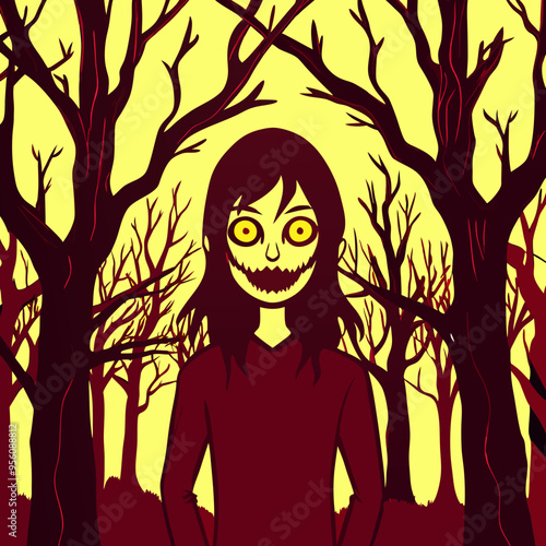 A sinister character with a wide grin and glowing yellow eyes stands among dark, leafless trees against a bright yellow background