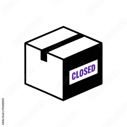 An illustrated closed cardboard box with a visible "CLOSED" label in purple lettering on the front
