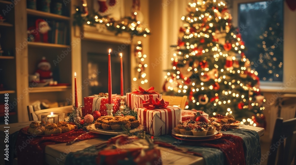 A festive holiday scene with a Christmas tree surrounded by wrapped gifts, a table set with holiday treats, and twinkling lights creating a magical ambiance. A festive holiday scene with a Christmas tree surrounded by wrapped gifts, a table set with holiday treats, and twinkling lights creating a magical ambiance.