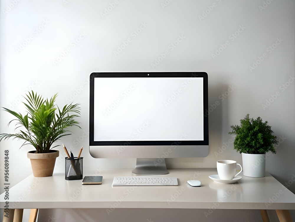 A minimalist workspace featuring a sleek desktop computer. a keyboard. a mouse. a cup of coffee. and two potted plants. A minimalist workspace featuring a sleek desktop computer. a keyboard. a mouse. a cup of coffee. and two potted plants.